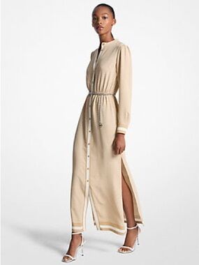 Michael Kors Logo Print Satin Belted Maxi Dress